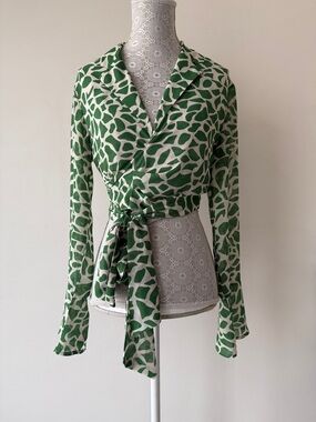Dynamite Green and White Printed Wrap Blouse
